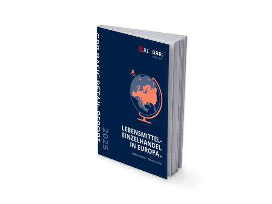 Basic Retail Report 2025, gebunden als Buch, steht seitlich mit Cover zur Kamera